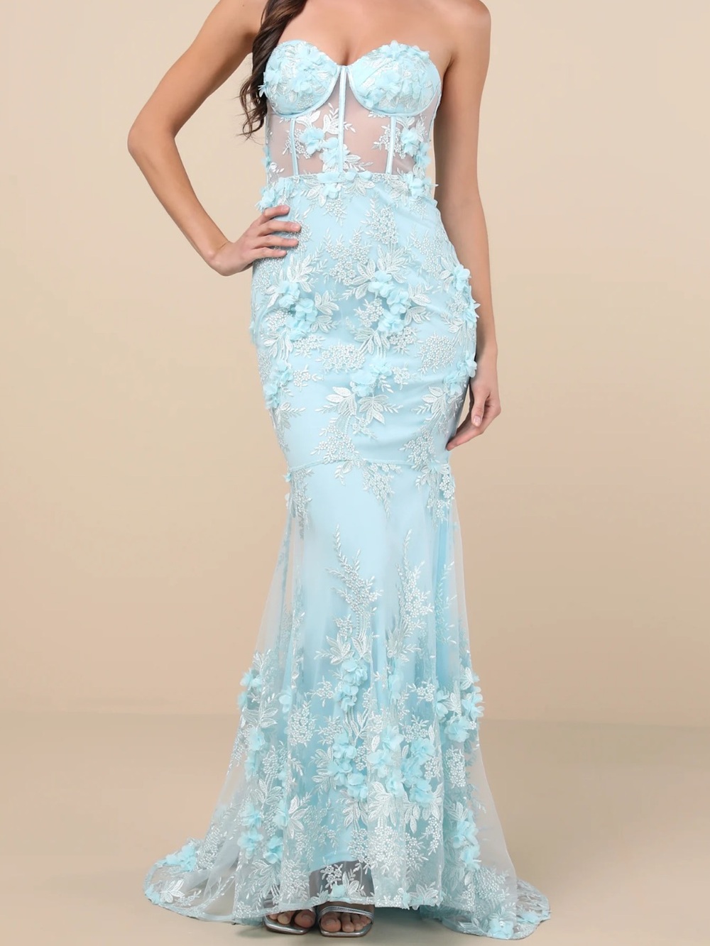 NWT-Radiant Expectations Blue Embroidered Floral Bustier Maxi Dress